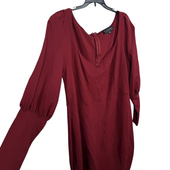Eloquii Fluted Dress Size 20 Burgundy Long Sleeve Stretch Formal Dressy Midi - Picture 6 of 9